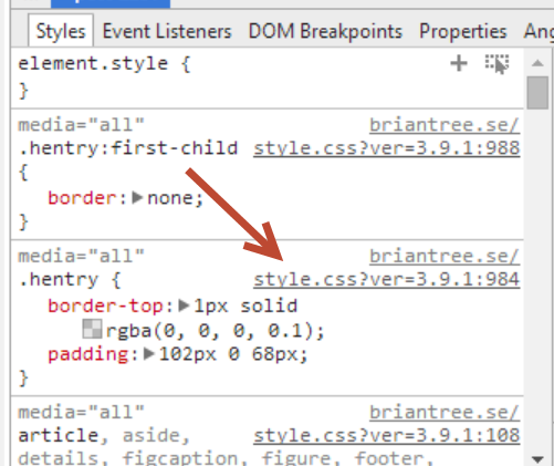 When inspecting styles, click the link to the external stylesheet to open it in the Sources tab