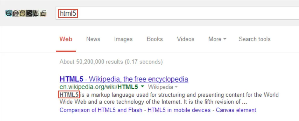 Google search results using em tag