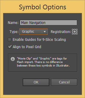 When the symbol options dialog opens up you should name it and you will probably want to switch its type from Movie Clip to Graphic and then hit Ok