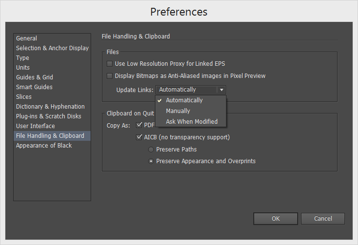 This will open the Preferences dialog and within it you will need to simply change the Update Links drop down option from Ask When Modified to Automatically