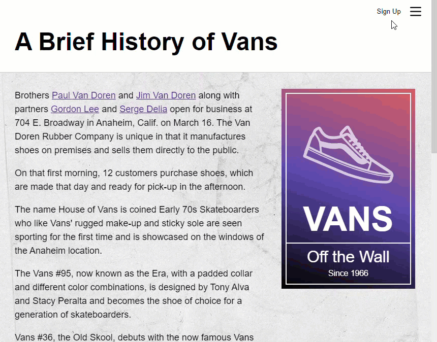 Vans demo website with sign-up modal open tabbing through focalsable items
