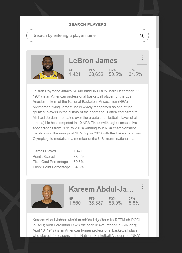 Example of a demo application built with Angular to list information about NBA players