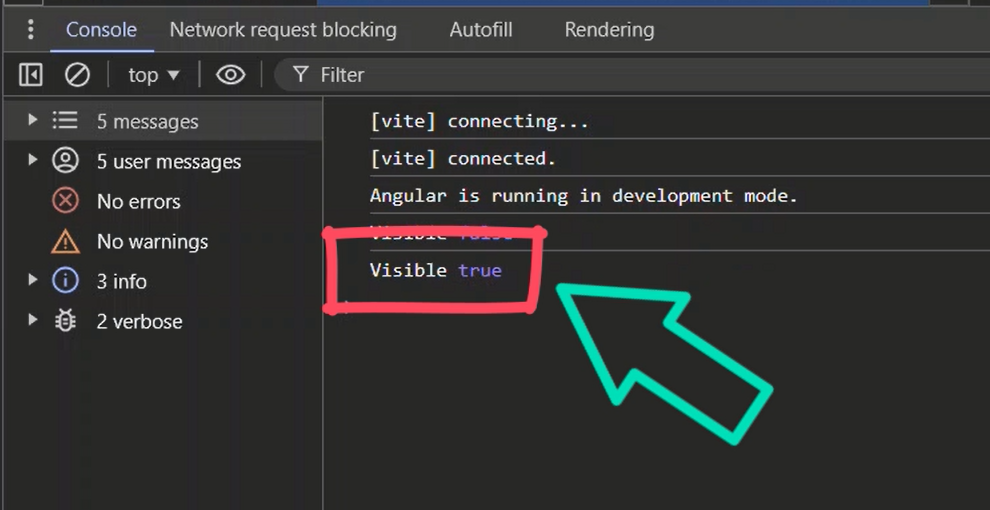 Console showing a value of true after clicking the button when using an effect to log out the value of a signal