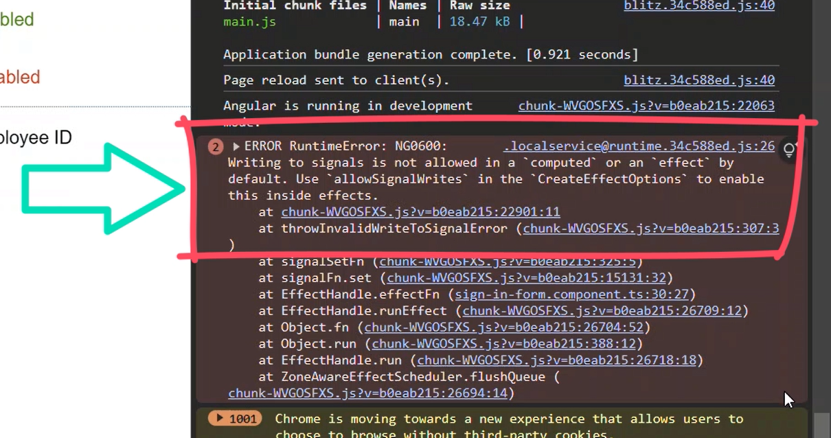 Example of a runtime error when writing to signals within an effect