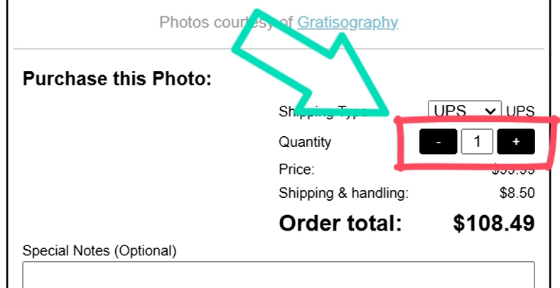 Example of the Petpix application showing the purchase form quantity field