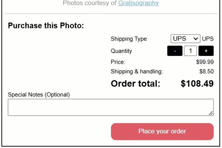 Example of directly adjusting the quantity field and seeing the total and shipping and handling values update