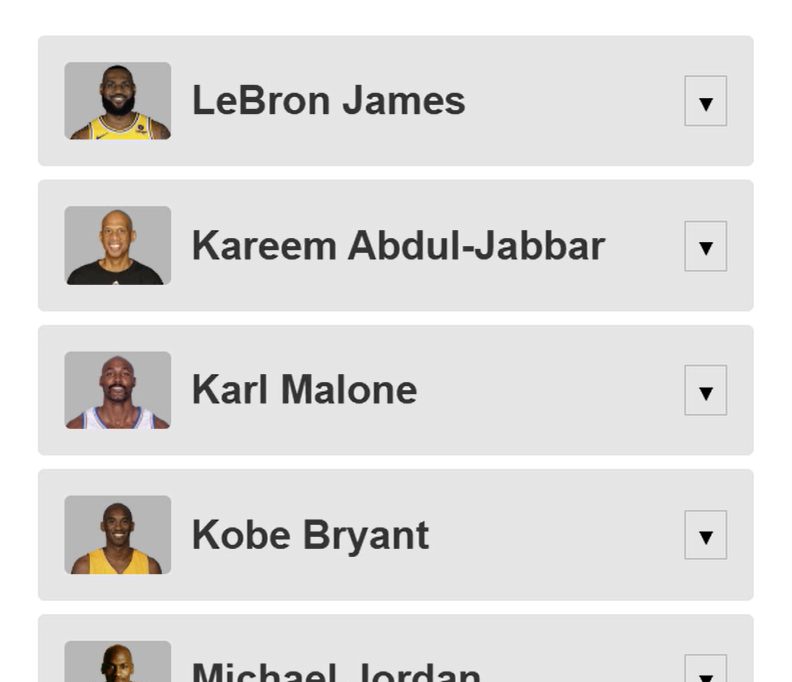 Example of a demo applicationm listing several different NBA players