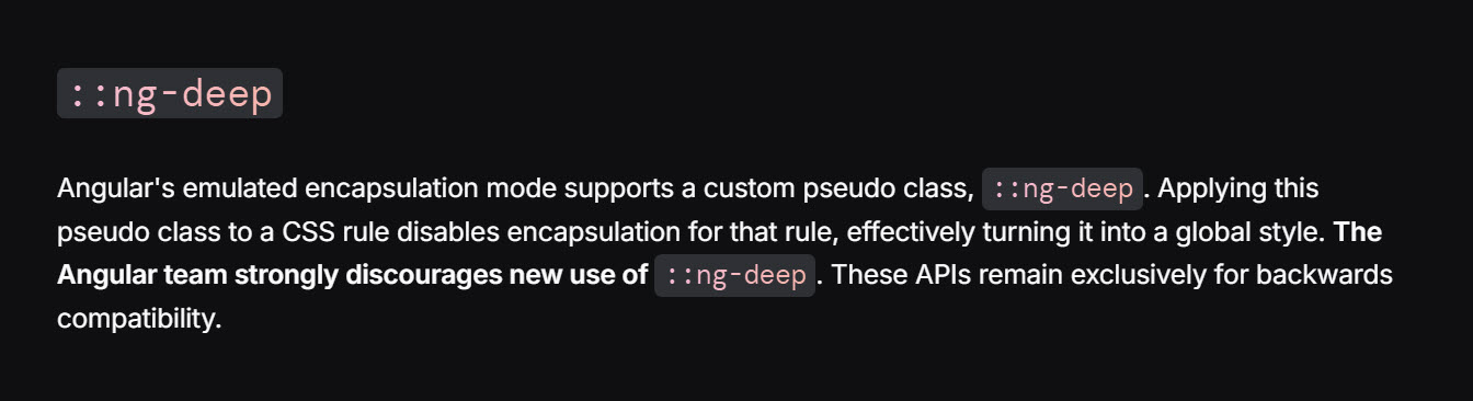 Screenshot of the official Angular documentation for ::ng-deep warning against new uses