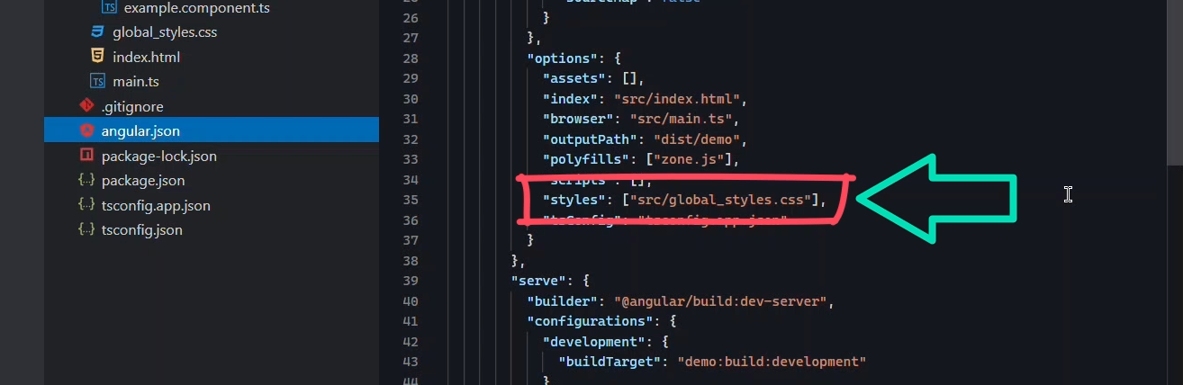 Example of the path to a global stylesheet in an Angular application in the angular.json configuration file