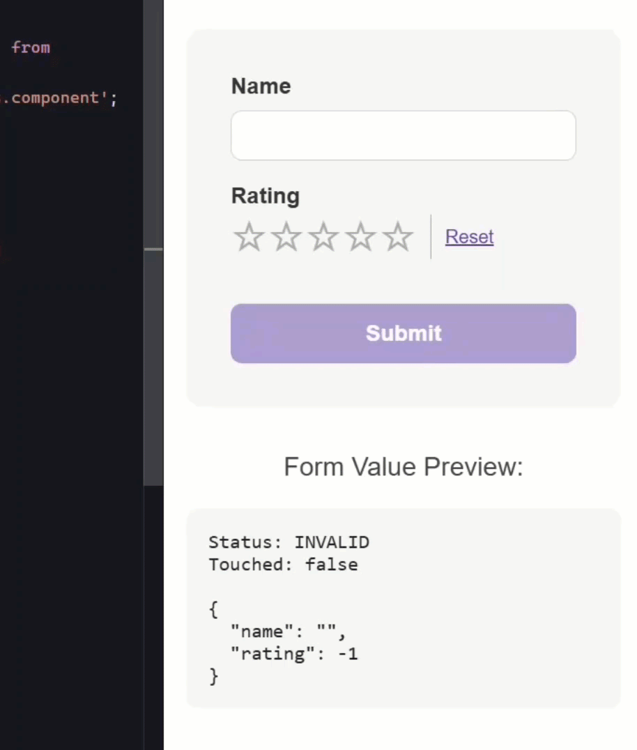 Example of a simple reactive form with a custom rating component using using signal inputs instead of ControlValueAccessor