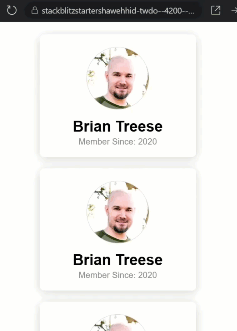 Example of a profile card with a shimmering CSS keyframe animation skeleton loader using deferred loading in Angular