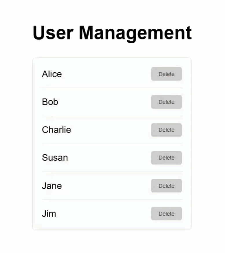 Example of the dialog content component displaying the username from the parent dialog component when deleting a user