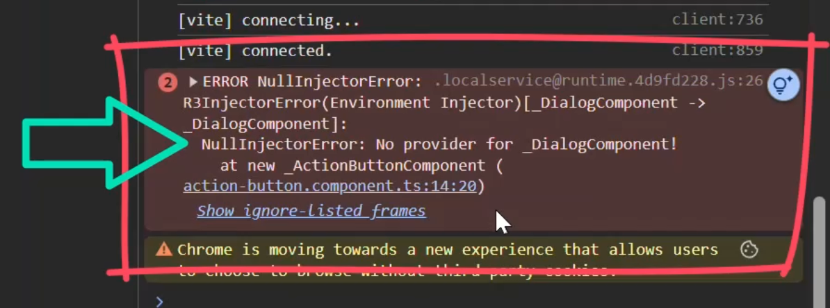 Showing Chrome Developer Tools console with the error 'No provider for _DialogComponent!' when using the action button component outside of the dialog component