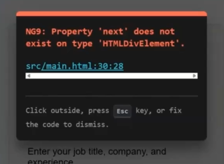 Screenshot of the error: Property 'next' does not exist on type 'HTMLDivElement'