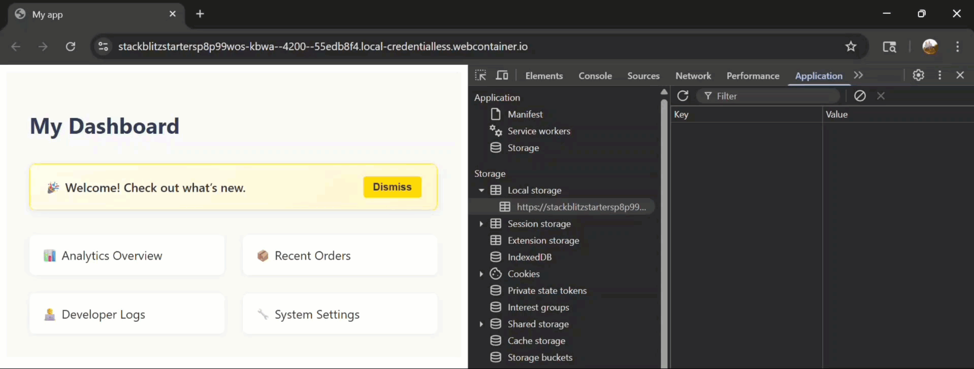 Example of the banner showing and then being dismissed using local storage so that the state persists across page reloads