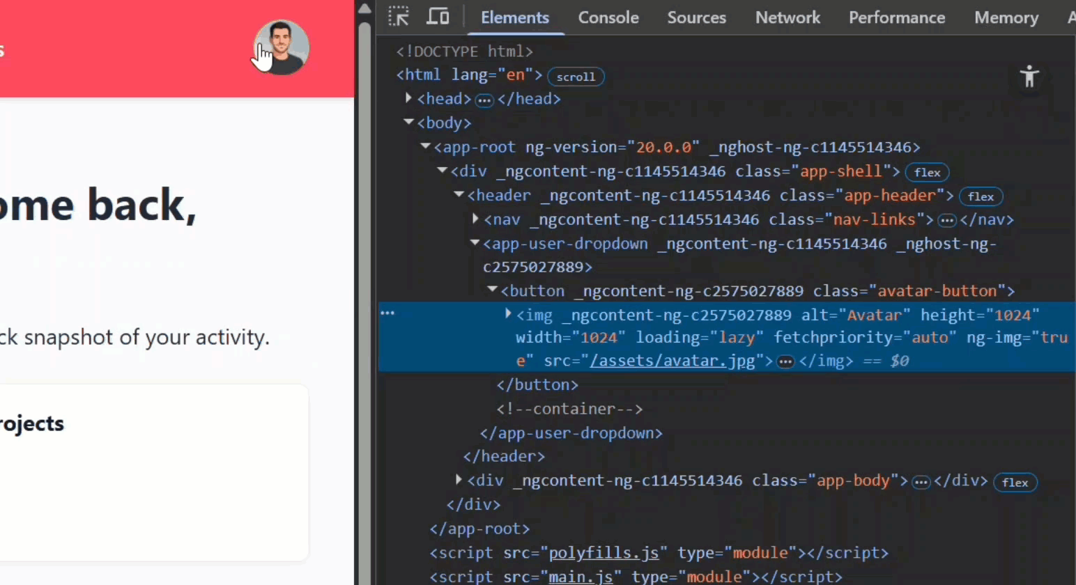 Inspecting the dropdown menu in Angular to see that it closes instantly after opening
