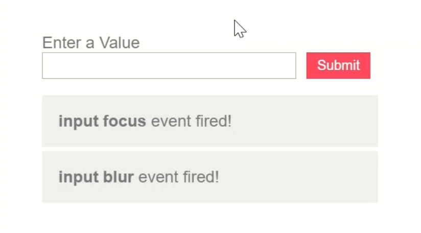 An example of a blur event being logged to the console using event binding