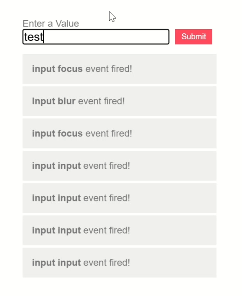 An example of an input event being logged to the console using event binding