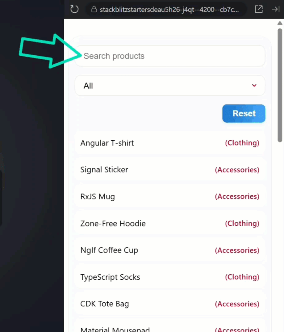 An example of a product filter with a search box, category dropdown, and a list of products using observables and the async pipe