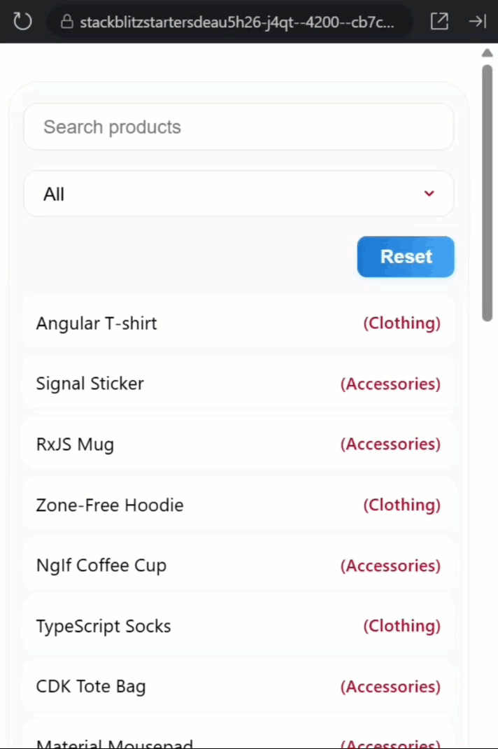The final product filter using linkedSignal() with multiple sources