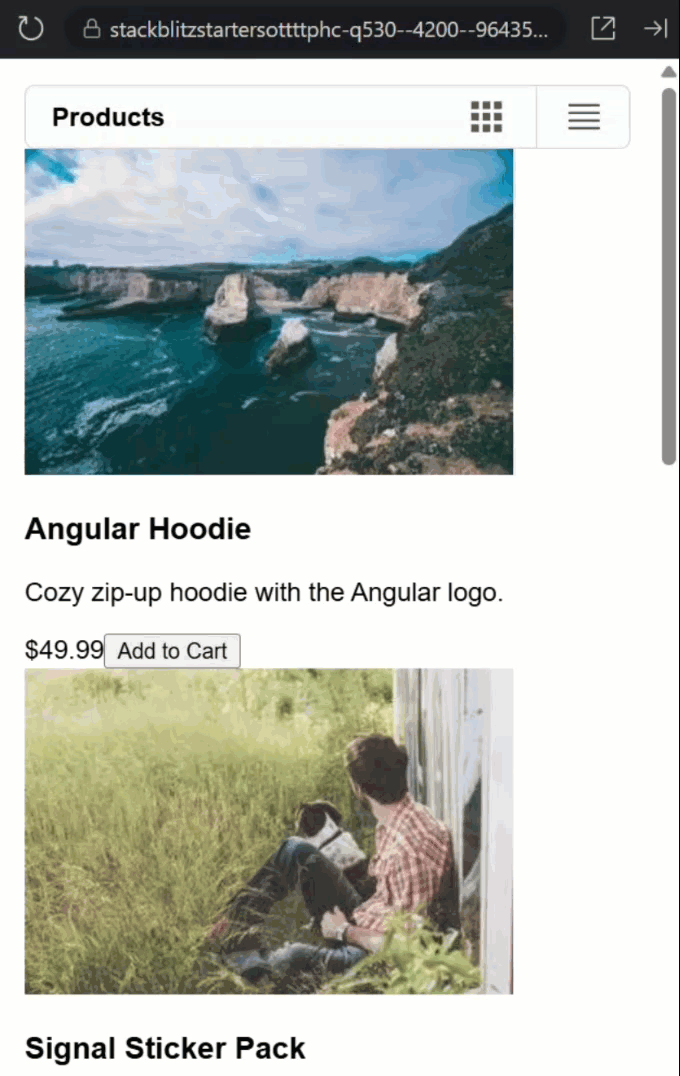 An example of a grid/list toggle component that doesn't do anything in a basic Angular app