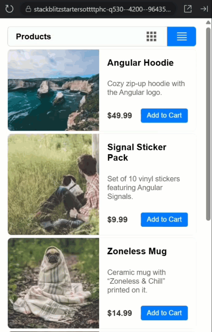 The updated grid/list toggle component with the ability to switch between grid and list views with state managed externally
