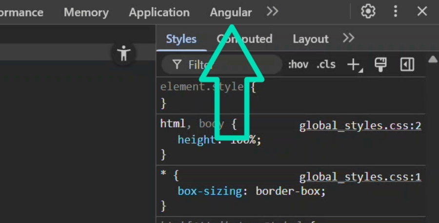 Pointing out the Angular tab in the DevTools