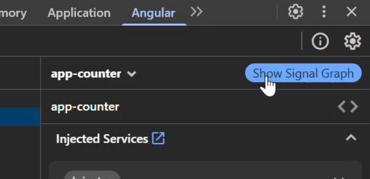 Clicking the Show Signal Graph button in the DevTools to display the Signal Graph for the counter component
