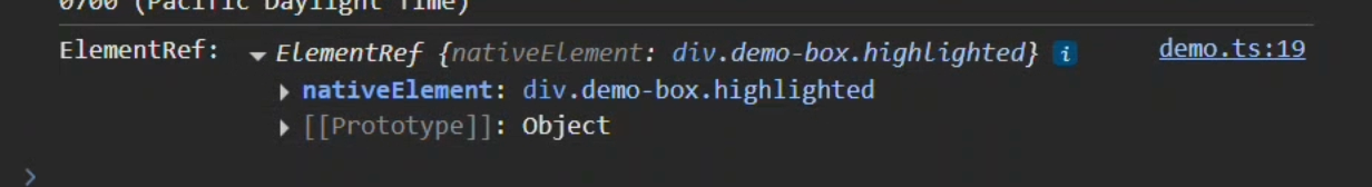The console output after clicking the button showing the ElementRef