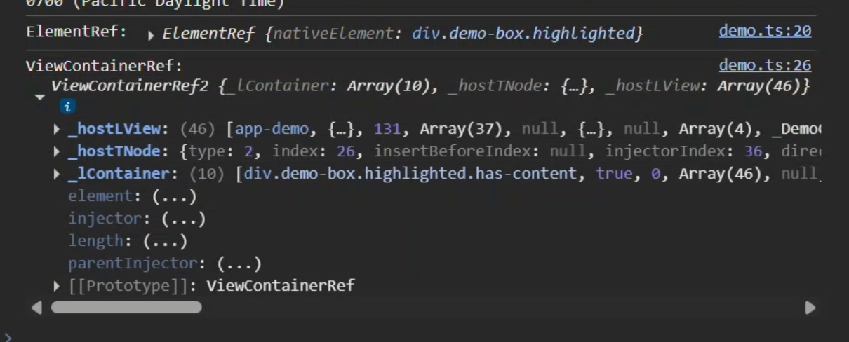 The console output after clicking the button showing the ElementRef and ViewContainerRef