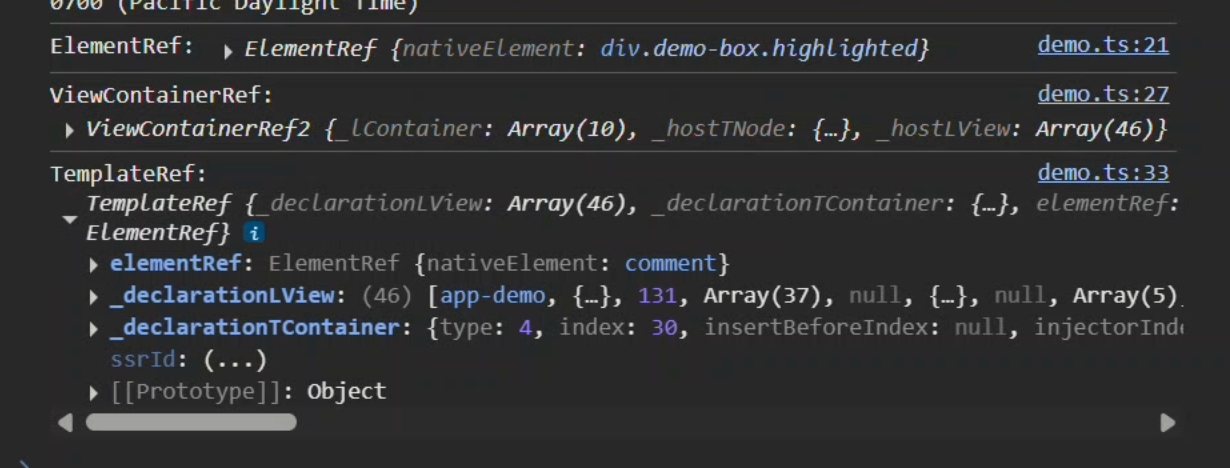 The console output after clicking the button showing the ElementRef, ViewContainerRef, and TemplateRef