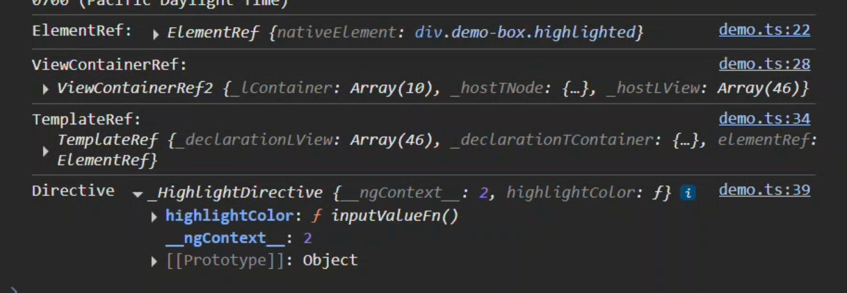 The console output after clicking the button showing the ElementRef, ViewContainerRef, TemplateRef, and Directive