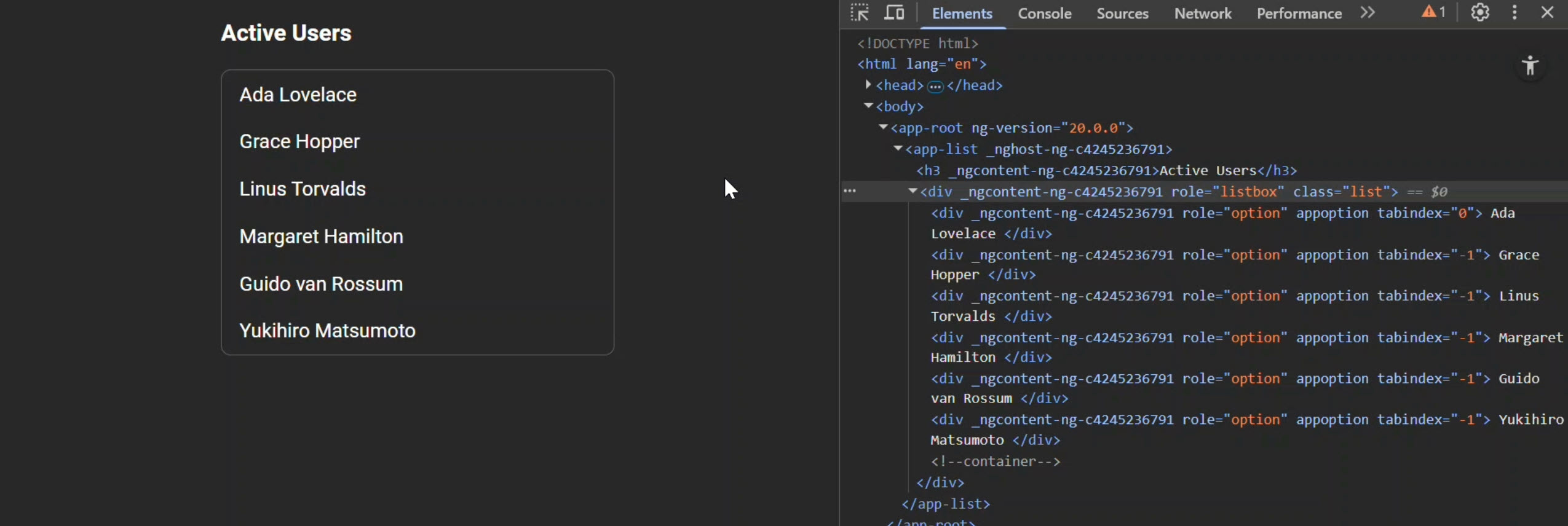 A simple list of active users in Angular without keyboard navigation support