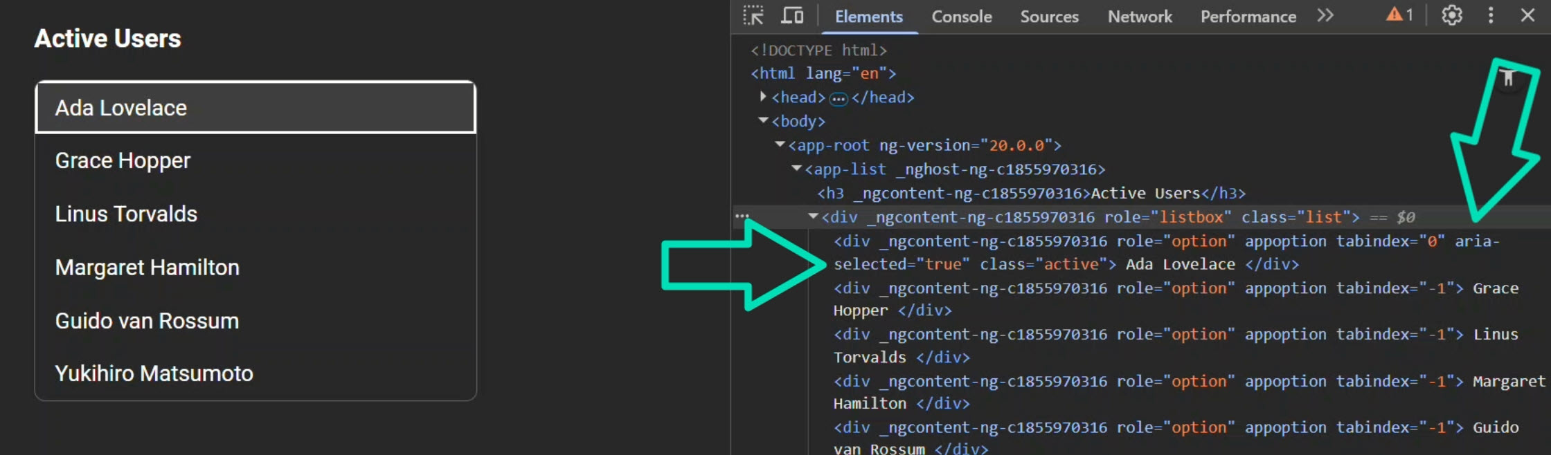 The first item in the list is focused and marked as active