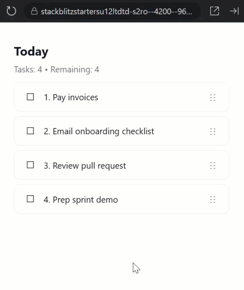 The todo list before drag and drop functionality