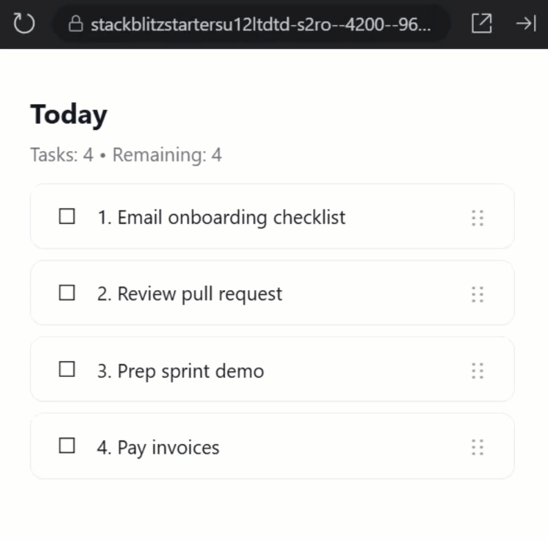 The todo list with drag and drop functionality using the Angular CDK and visual feedback