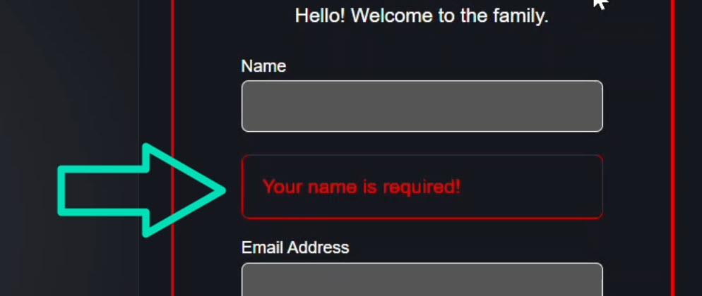 The signup form with the name field blurred showing the required error message