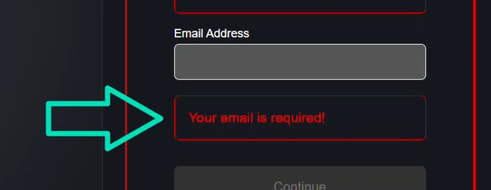 The signup form with the email field blurred showing the required error message