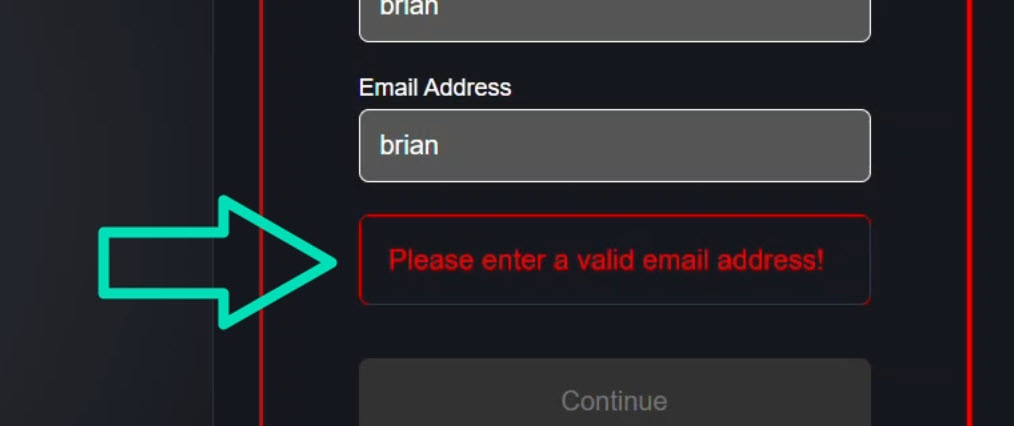 The signup form with the email field entered with a value that's not a valid email address showing the invalid email error message
