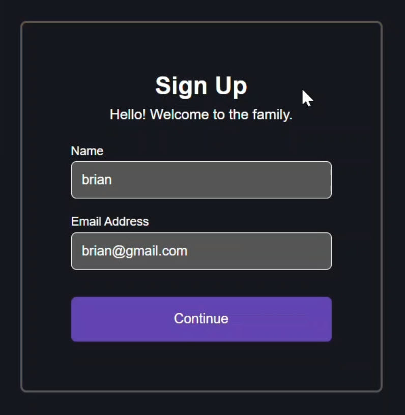 The signup form with all fields filled out and the form is valid so the submit button is enabled