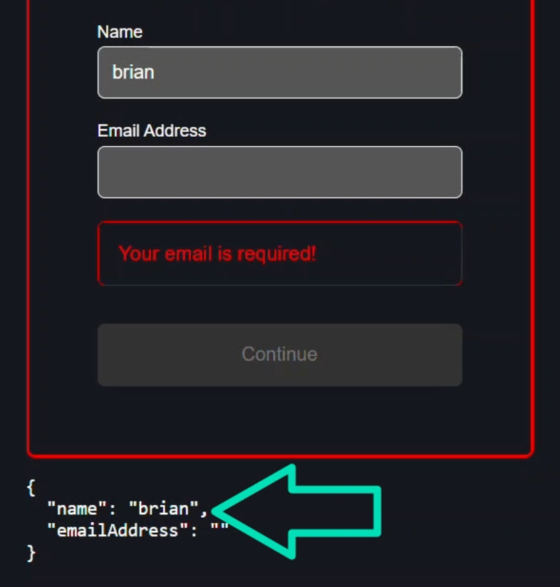 The signup form with the name field entered with a valid name and the error message disappears