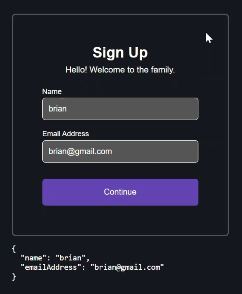 The sign-up form updated to Signal Forms with all fields filled out and the form is valid so the submit button is enabled and the values are updated in the model signal