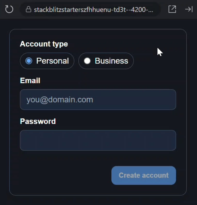 Account creation form with account type dropdown, email and password fields, password strength meter, and a disabled Create Account button