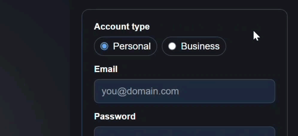 Animated GIF showing the account form dynamically adding a Company Name field when the account type dropdown is changed from Personal to Business