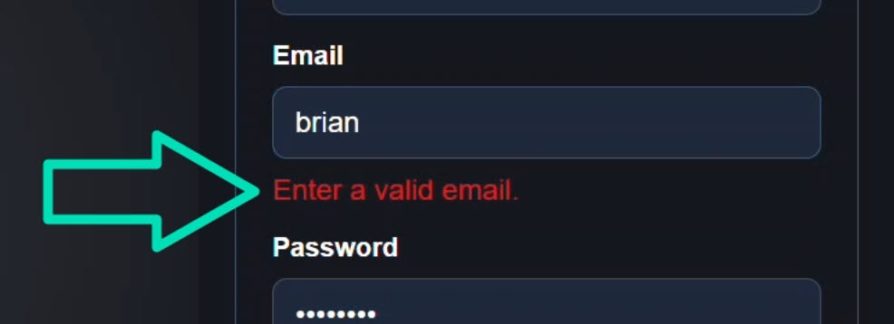 Account creation form displaying an email validation error message below the email field, with the Create Account button disabled due to the invalid email format