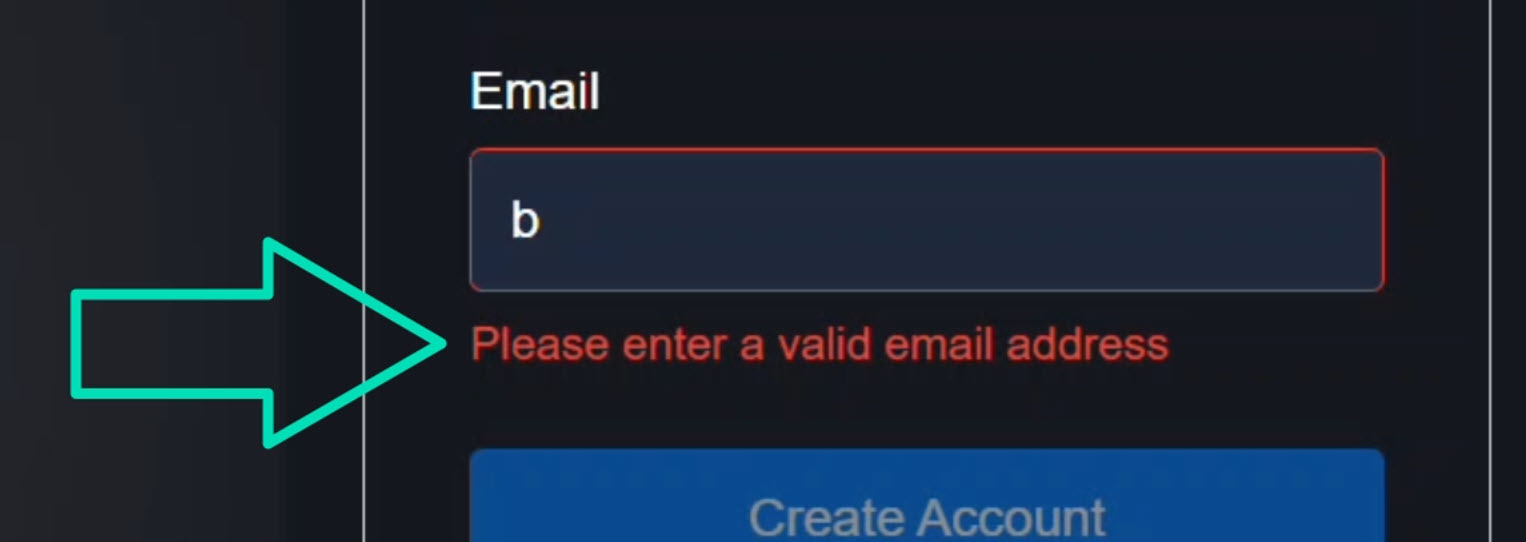 The signup form with an email field entered with an invalid email address showing the invalid format error message