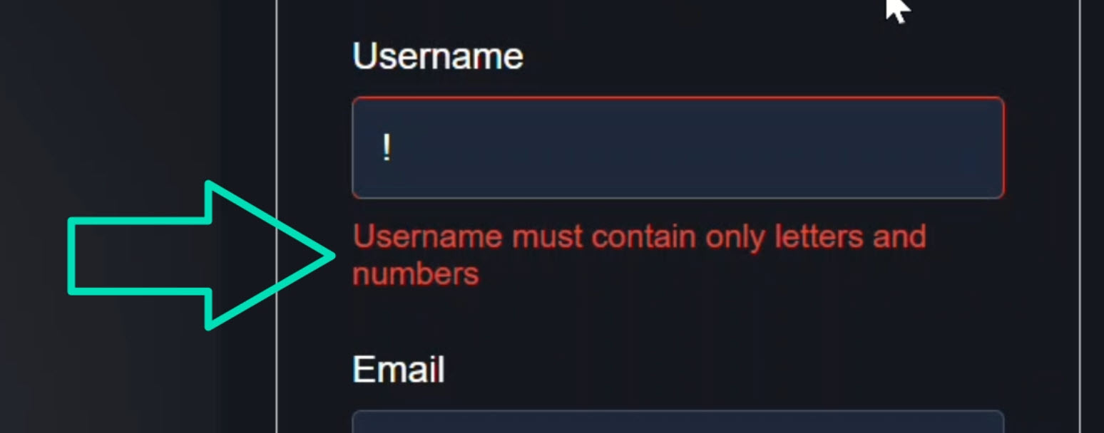 The signup form with a username field entered with a special character showing the invalid format error message