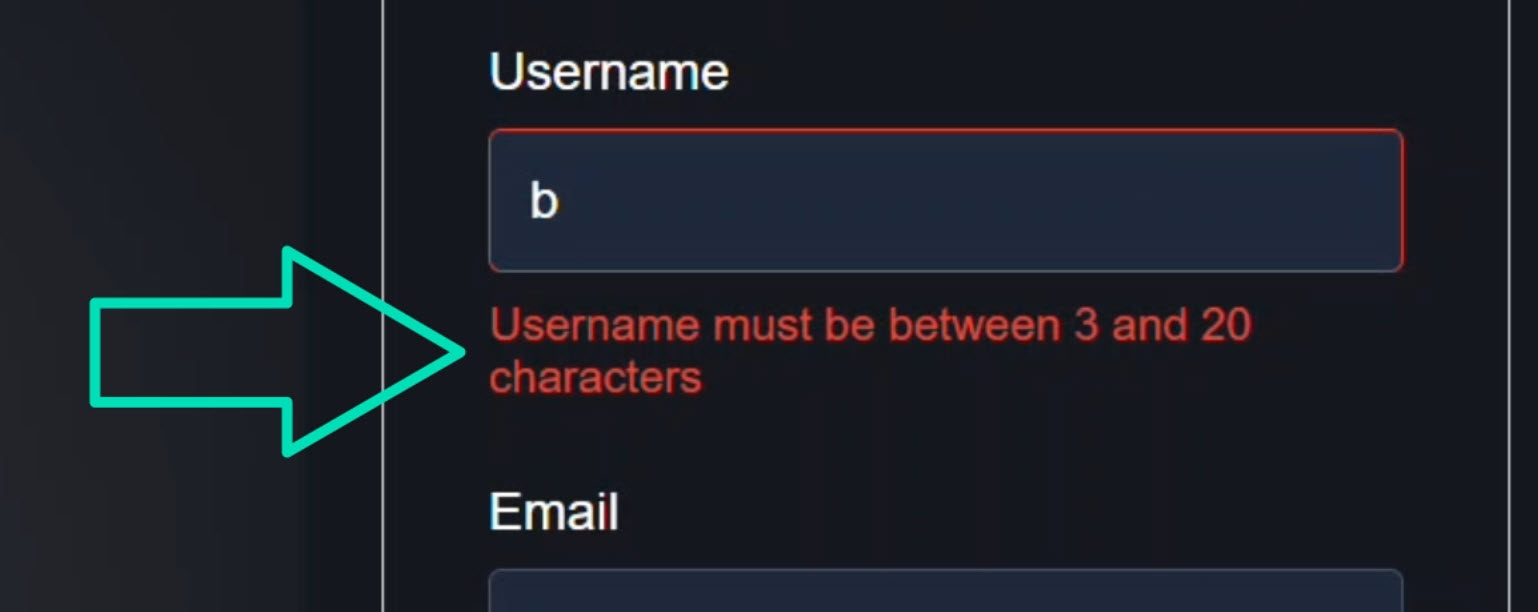 The signup form with a username field entered with a valid username showing the invalid length error message