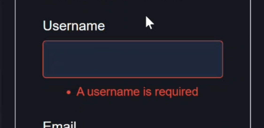 Angular signup form with Signal Forms API showing the username field empty and displaying a required validation error message after the field is blurred, demonstrating client-side validation