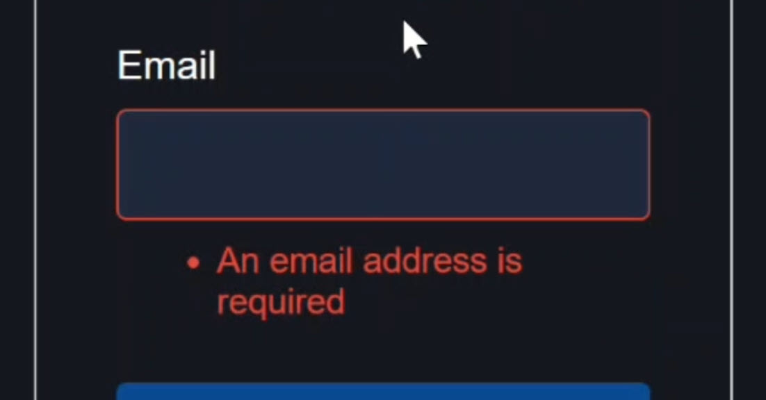 Angular signup form with Signal Forms API showing the email field empty and displaying a required validation error message after the field is blurred, demonstrating client-side validation